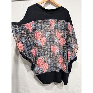 Roffe Accessories Black Floral Tapestry Kimono Cardigan Dolman Sleeve Boho Top